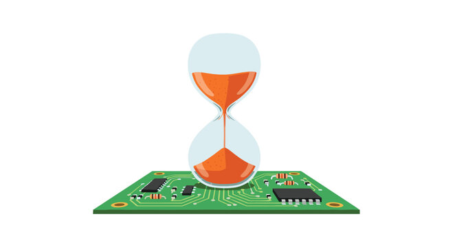 An hourglass filled with orange sand is positioned centrally on a green printed circuit board with intricate golden electrical pathways against a white background.