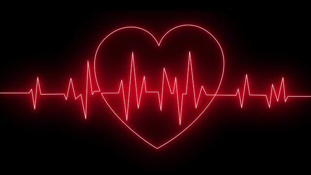 Red neon glowing heartbeat display screen animation on dark background, abstract pulse signal icon ideal for medical monitoring, love concept, and 4K visuals.