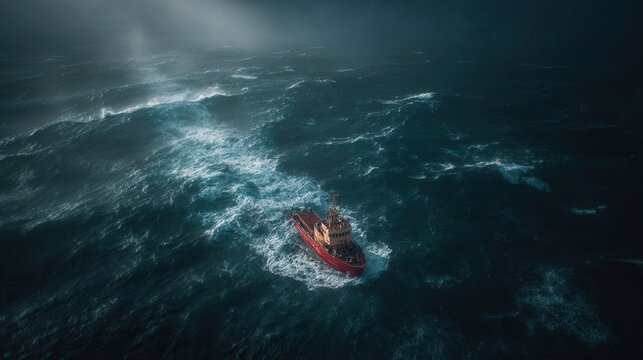 Small red boat struggling in stormy dark ocean with white foam waves aerial view