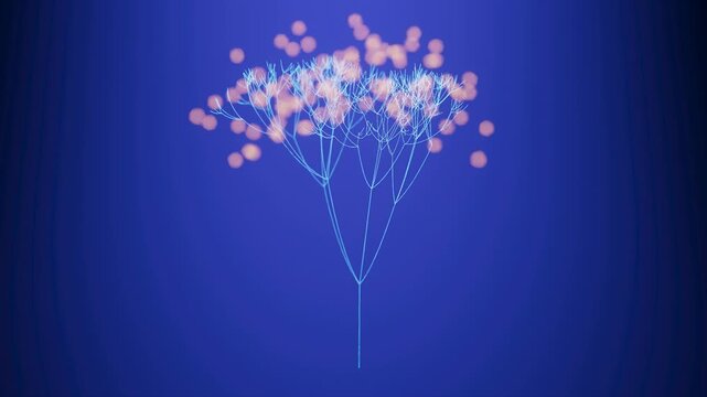 Bright blue background features simple line drawing of a tree with glowing orbs, showing movement and light.