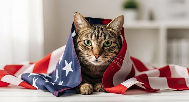 Patriotic tabby cat wrapped in american flag on 4th of july