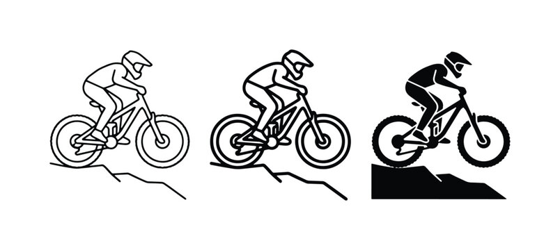 Mountain Biker Icons, Downhill Cycling Vector Graphics, Extreme Sports Silhouette Set
