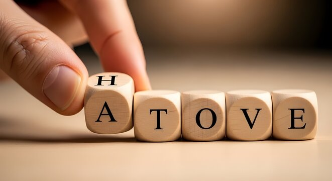 Hand turning a cube from H to O in the word HATE to LOVE love hate