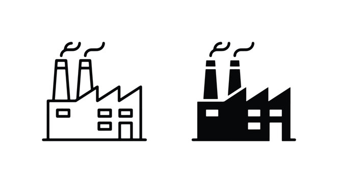 Industrial Factory Icons, Manufacturing Plant Symbols, Pollution Smokestacks, Clean Line Art and Solid Silhouette Vector Graphics for Industry and Production Concepts