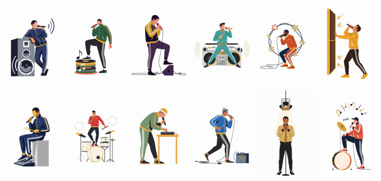 Collection of flat illustrations showing male singers and musicians in various poses with musical equipment like microphones, boomboxes, and drums.