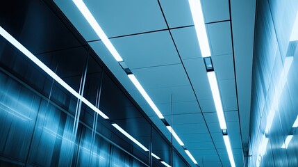 Fototapeta premium Contemporary architecture showcasing abstract geometric patterns and bright linear illumination along walls and ceiling, creating a futuristic and technical environment