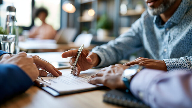 Hands of HR manager conducting formal office interview with male candidate across organized desk professional recruitment conversation in contemporary corporate meeting