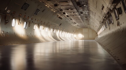 Fototapeta premium Empty interior of a large transport aircraft, its stripped fuselage revealing structural elements and numerous windows casting bright natural light onto the reflective floor