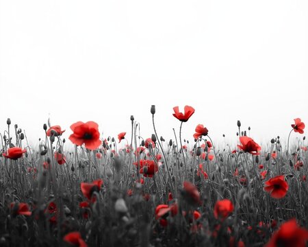 Field of red poppies with a stark white sky wildflower outdoors beautiful