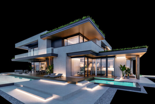 3d rendering of two-story house with parking and pool for sale or rent with concrete facade and beautiful landscaping on background. Clear night isolated on black