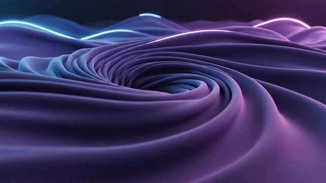 Abstract surface of swirling fabric with glowing neon lines. Motion of purple waves creating vortex effect. Digital 3d motion design background for presentation.