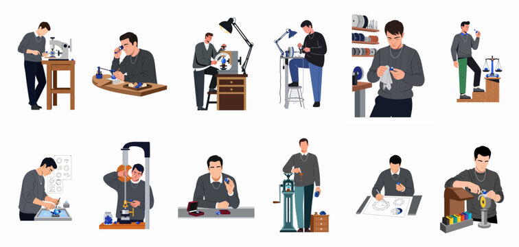 Flat illustration set of a professional jeweler working on blue gemstones, including cutting, polishing, inspecting, and designing high-quality jewelry in a workshop.