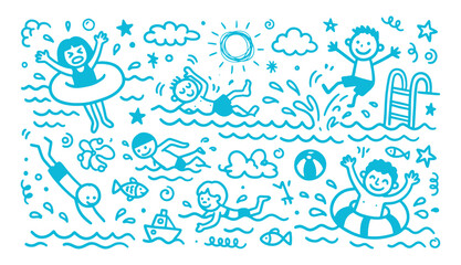 Playful swimming pool doodle set with people jumping swimming and using swim rings in line art style