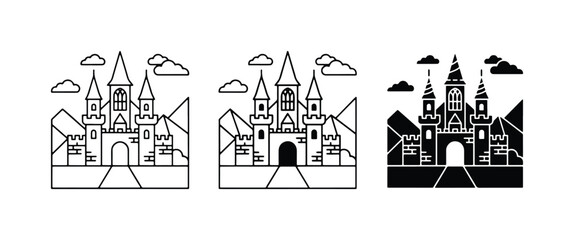Fototapeta premium Fairytale Castle Vector Icons, Fantasy Fortress Silhouette, Royal Palace Landmark Graphics, Medieval Architecture Set