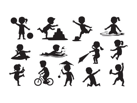 Collection of black silhouettes of children playing outdoors with various toys, balls, kites, and a bicycle on a white background, isolated set of active kids in motion