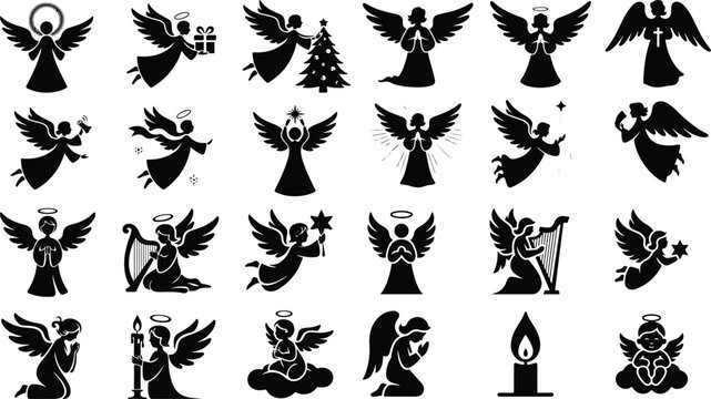 Christmas Angel Silhouette Icon Collection Set