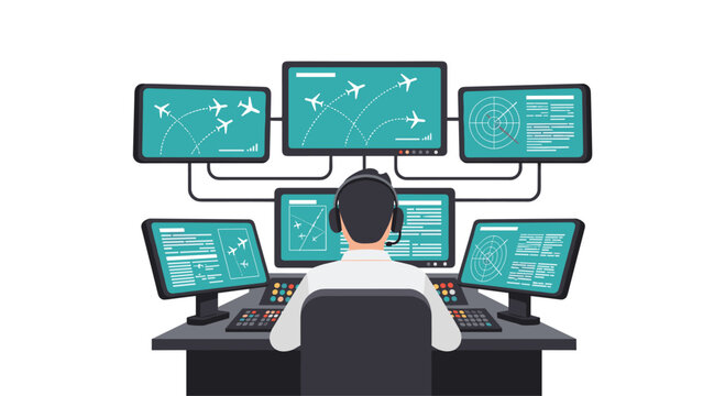 A flight controller uses multiple monitors with radar and flight path mapping software in a modern aviation dispatch center with a light blue and grey color scheme.