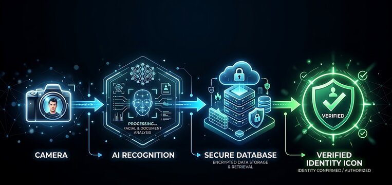 Futuristic ai facial recognition workflow infographic featuring digital camera processing secure cloud database storage and verified identity security shield icons