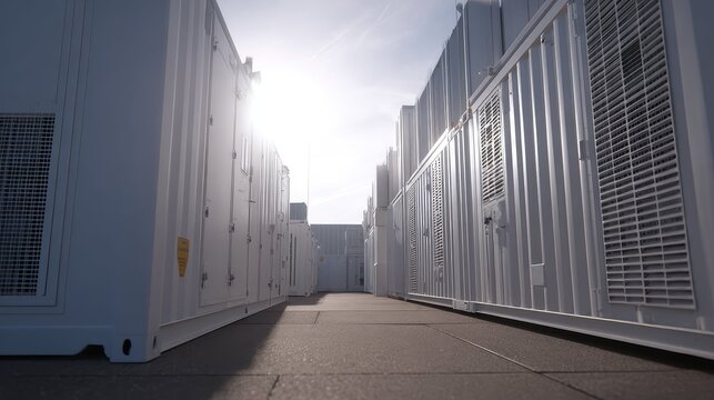Rows of containerized battery units are charging and discharging, facilitating large scale energy storage and distribution for sustainable power grids