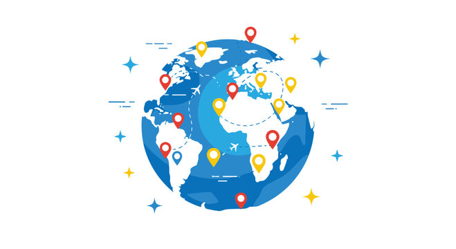 A stylized flat vector globe icon features multiple colorful location pins and dashed flight paths arranged in a circular formation against a light-blue background.