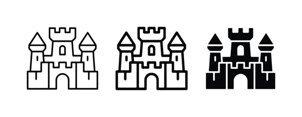 Fototapeta premium Castle Icons Set: Outline, Filled Outline, and Solid Black Vector Graphics for Fairytale and Architecture Themes
