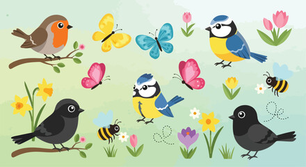 Spring garden bird and insect vector set, cute robin and blue tit illustrations, colorful butterflies and bumblebees with blooming flowers for greeting cards © stcok victer cenva