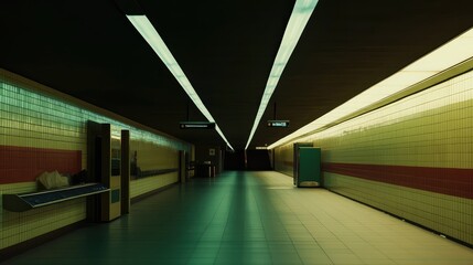 Fototapeta premium Empty subway station platform featuring long fluorescent lights illuminating urban architecture and a tiled wall, conveying a mood of solitude and urban atmosphere