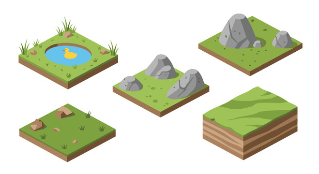 A collection of isometric grass land tiles featuring rocky textures and cross-sectional earth layers displayed on a minimalist white background in vector design.