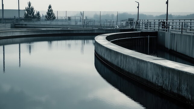 Large concrete tanks at a water treatment plant demonstrating essential infrastructure for purifying water and managing resources in environmental engineering operations on a cloudy day