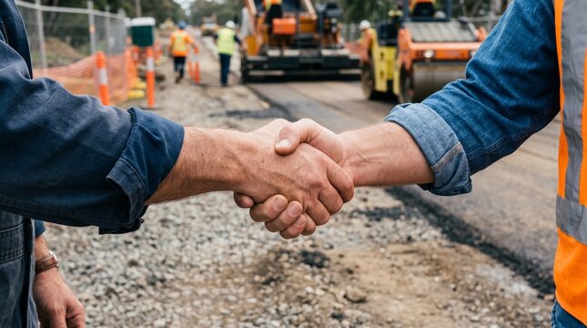 Construction workers shaking hands at road work site