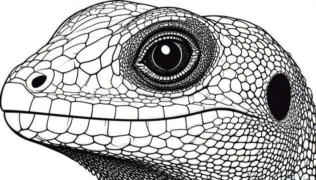 Detailed Black and White Lizard Head Illustration on White Background