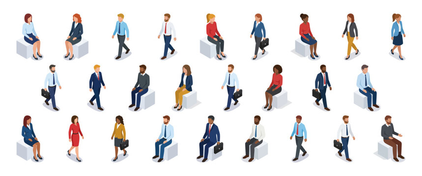 Isometric business people walking and sitting in office attire | diverse corporate characters for architectural visualization | 3D flat vector icons