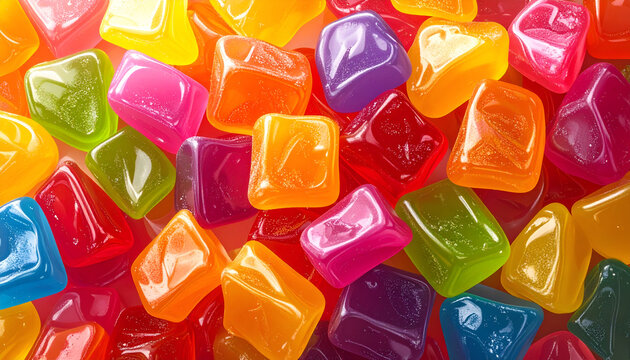 Pile of colorful gummy candies in assorted flavors cube-shaped treats sweet snack