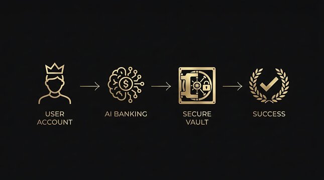 Gold financial technology icons flowchart showing user account advancement to ai banking secure vault and successful completion on a solid dark background