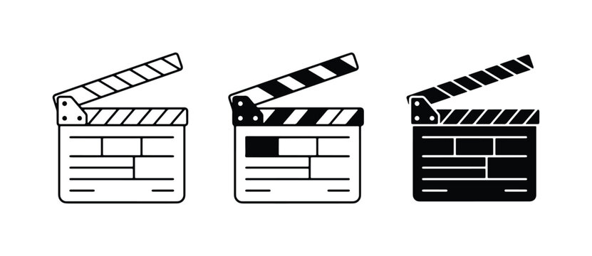 Film Clapperboard Icons Set, Movie Production Slate Vector Graphics, Cinema Scene Marker Symbols