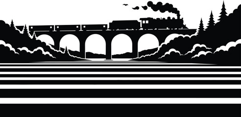Vintage steam train crossing bridge silhouette © mdtaher