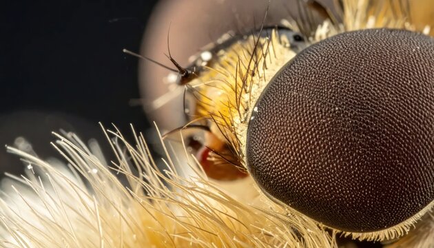 Detailed Macro Fly Head Resting on Hairy Surface in Natural Light