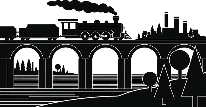 Vintage steam train on bridge silhouette