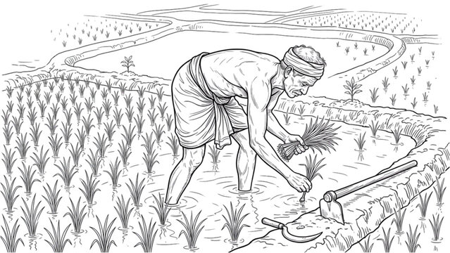 Sri Lankan Farmer Paddy Field Line Art Traditional Agriculture Rural Vector Illustration