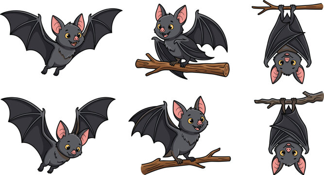 Cute bat cartoon vector set with flying and hanging poses, adorable nocturnal animal characters on branches for Halloween, wildlife and kids design