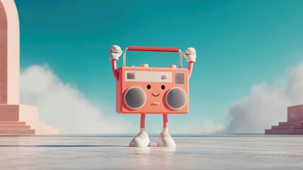 Fototapeta premium Minimal character raising generic portable stereo in abstract outdoor plaza with open sky