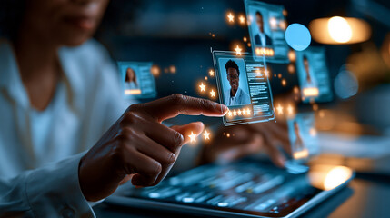Fototapeta na wymiar Hands of business professional selecting top rated candidate profile with floating rating icons recruitment ranking with HR analytics and modern talent selection system