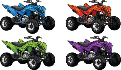 Sport ATV quad bike set in colorful variations, off road vehicle vector illustration collection isolated design © Sabina