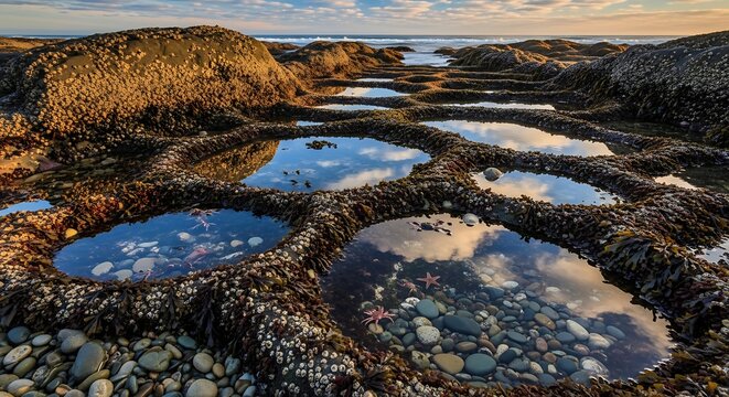 Tide pools with starfish and rocks at the rocky ocean shoreline at sunset