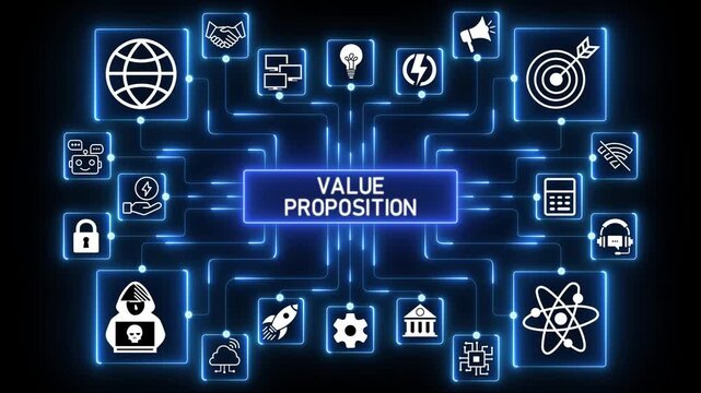 Value proposition visualization in a digital technology network, highlighting business value creation, connected systems and strategic differentiation on a dark tech background.4k Animation.