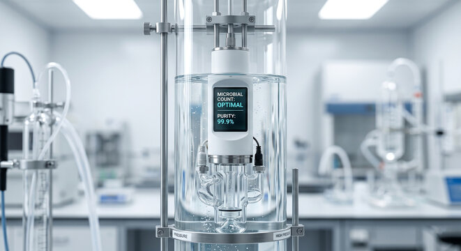 Microbial count optimal and water purity at 99.9% displayed on a device in a scientific laboratory setting.