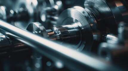 Fototapeta premium Close up of interlocking steel gears and shafts in a precision machine, showcasing polished metal, mechanical motion and industrial engineering for manufacturing and automation applications