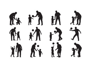 Fototapeta premium Collection of black silhouettes showing fathers and children playing with a ball, interacting, and bonding, isolated on a white background, for family and, sports-themed projects