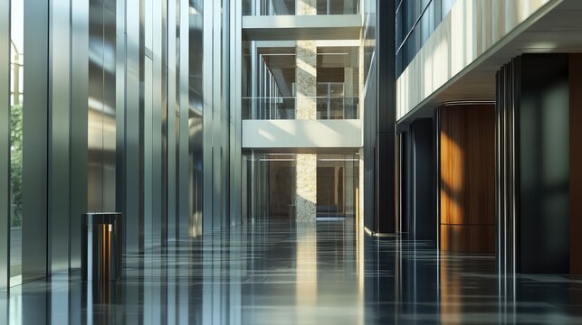 Bright large contemporary architecture showcasing sleek glass walls, reflective floors, and pillars, creating depth and light reflections within a minimalist office lobby space