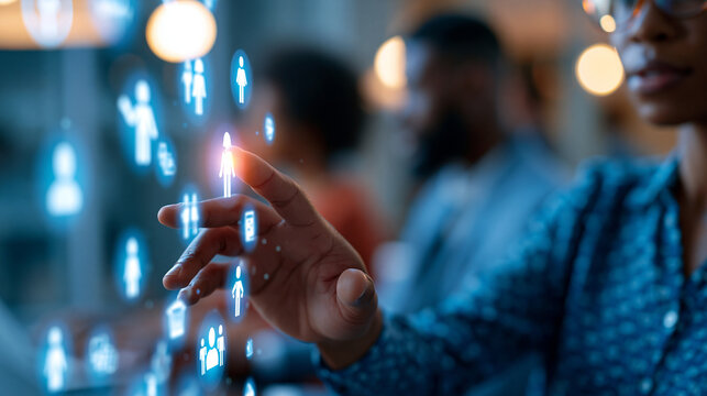Hands touching virtual screen with glowing employee benefits icons and corporate HR management compensation and health insurance with work life balance and digital payroll